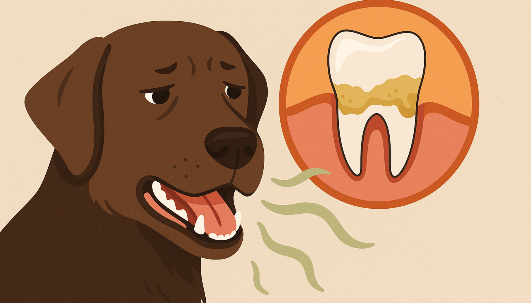 En brun labrador med åpen munn og dårlig ånde ved siden av illustrasjon av tannstein.