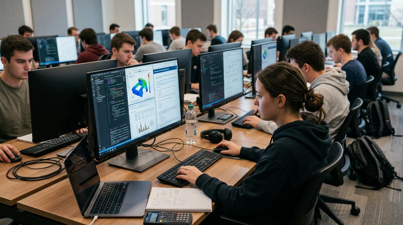 University students completing technical online exams inside cloud-hosted virtual desktops with coding editors, engineering software, data analysis tools, and secure browser-based access.