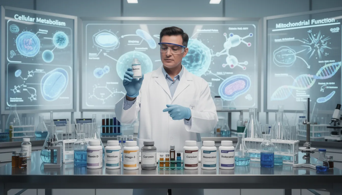 The image depicts a scientist carefully examining various laboratory supplements alongside detailed cellular diagrams, highlighting the importance of cellular health and energy production. The focus on compounds like NAC and NMN suggests a connection to healthy aging, immune function, and the vital role of NAD in cellular repair and energy metabolism.