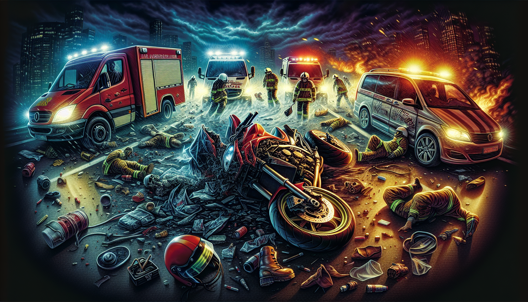 Motorcycle accident scene with emergency services and vehicles involved