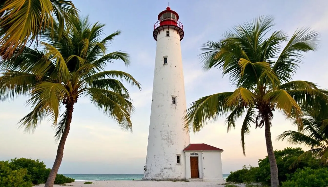 The image features the historic Sanibel Lighthouse surrounded by lush palm trees, with a sandy beach leading to the Gulf. This iconic landmark is a part of the Sanibel estates community, offering residents a picturesque view and easy beach access.