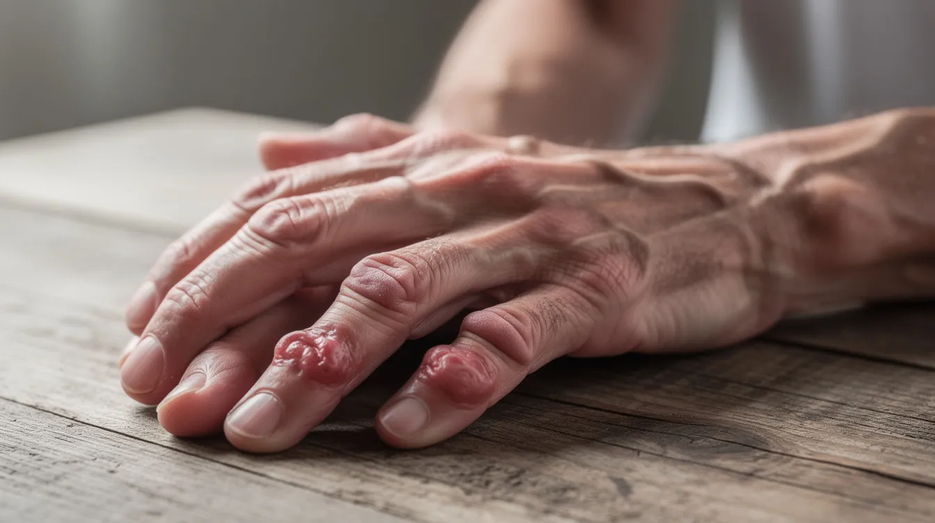 The image shows a close-up of a person's hands resting on a wooden table, displaying swollen knuckles and signs of arthritis, indicative of conditions like rheumatoid arthritis or psoriatic arthritis. This visual highlights the challenges faced by individuals with joint pain and functional limitations due to inflammatory arthritis.