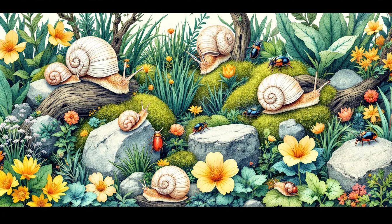 Additional beneficial critters like snails and beetles in a vibrant terrarium ecosystem.