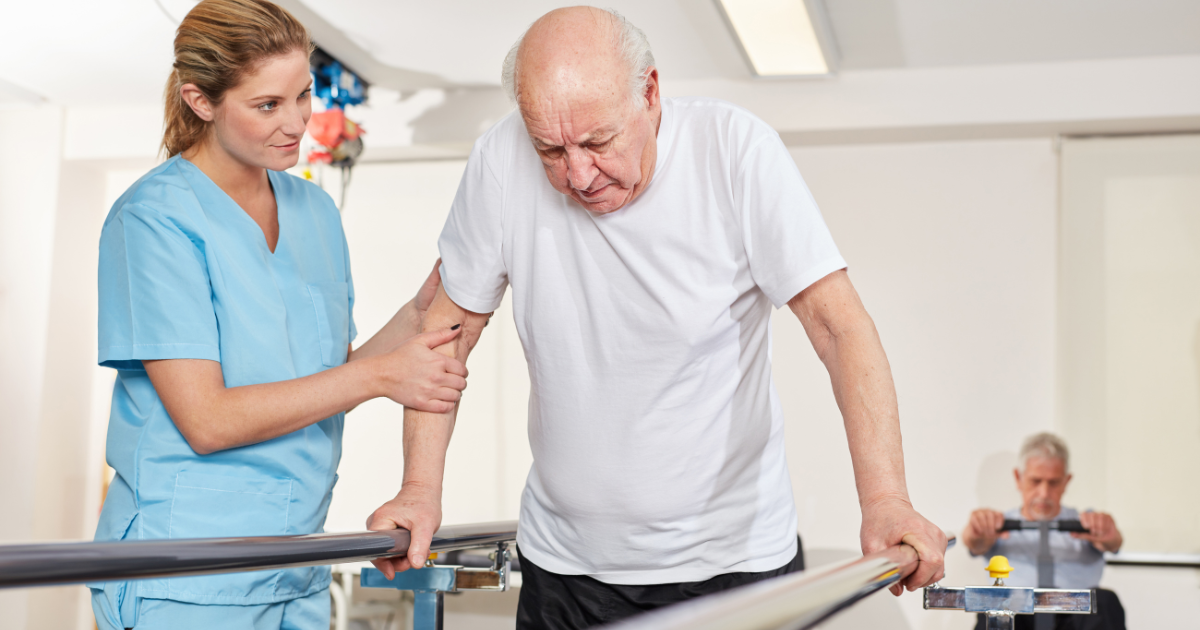 Elderly patient in physical therapy after hip replacement