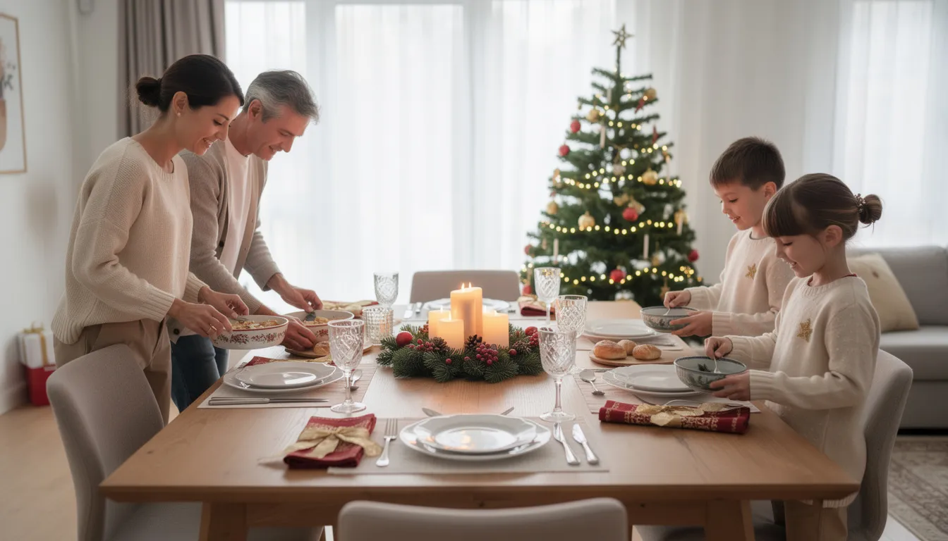Een georganiseerde familie bereidt samen de kersttafel voor in een opgeruimd huis, waarbij ze handige tips gebruiken om de sfeer gezellig te maken. De keuken is netjes, met etenswaren en keukengerei goed georganiseerd in de voorraadkast en keukenlades.