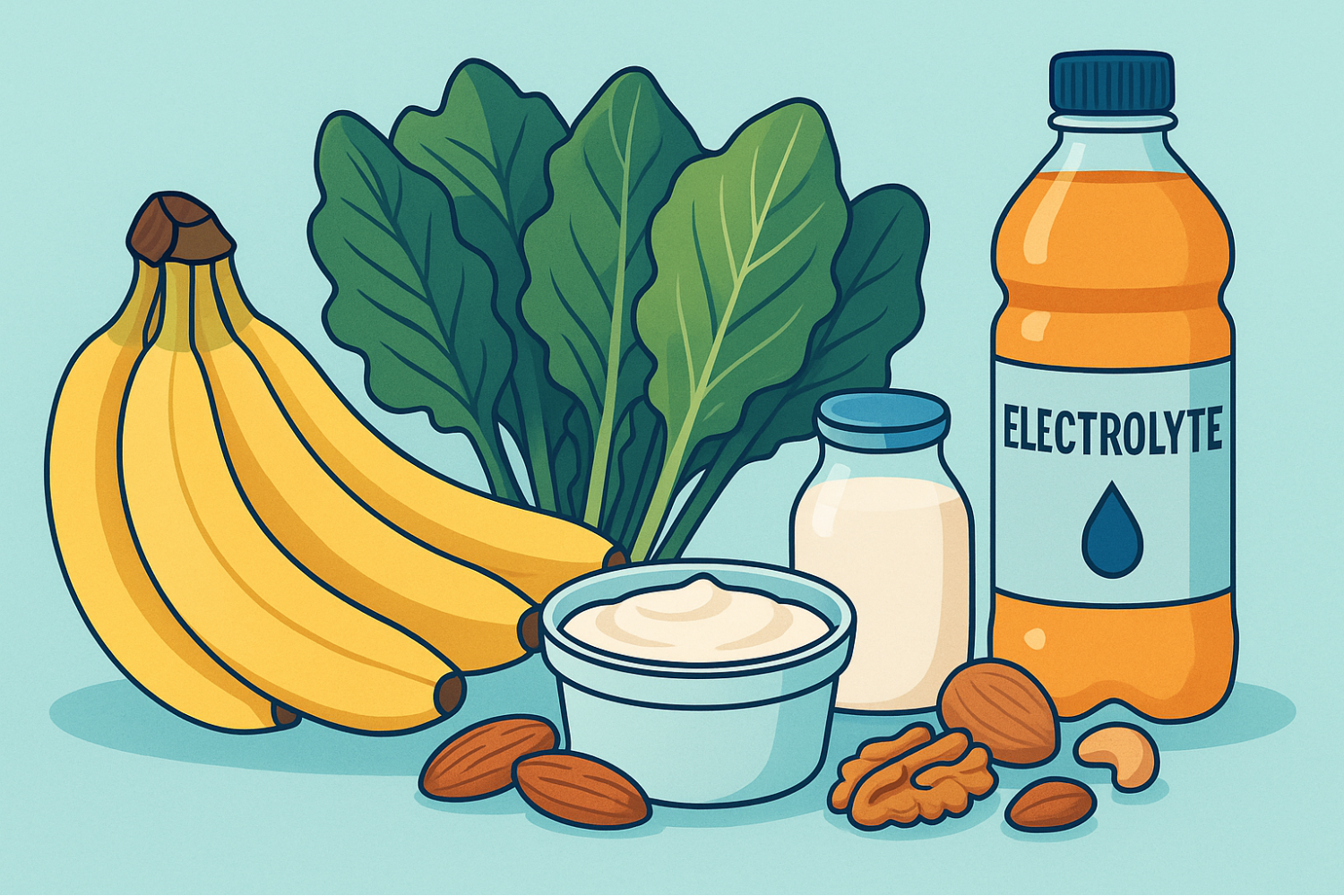 Landscape illustration showing bananas, leafy greens, yogurt, nuts, and a bottle of electrolyte drink.