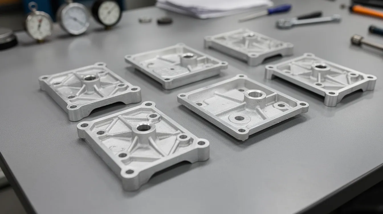 A close-up view of multiple aluminum die casting parts is displayed on an industrial inspection table, showcasing the precision and quality of the aluminum die casting process. The parts, made from aluminum alloys, highlight the intricate details achieved through various casting methods used in manufacturing.