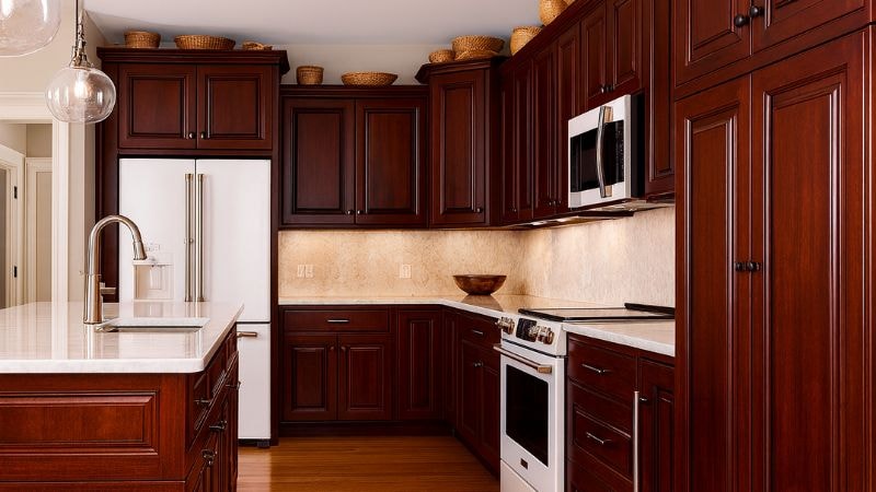 Kitchen cabinets and drawers wrapped in mahogany red colored wood vinyl film