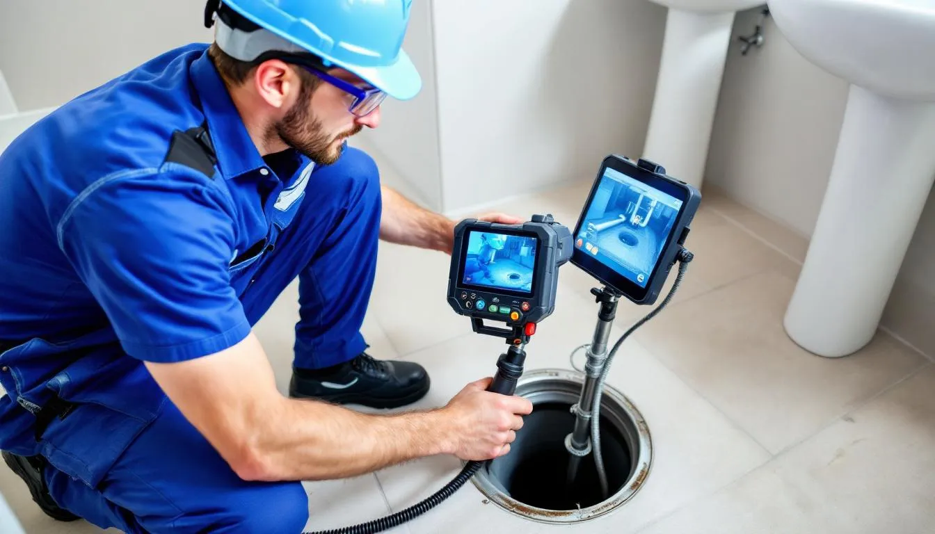 A professional plumber is using specialized equipment to inspect a drain, ensuring the pipes are free of blockages and debris. This hydro jetting service helps prevent clogs by effectively removing grease and tree roots from the sewer line.