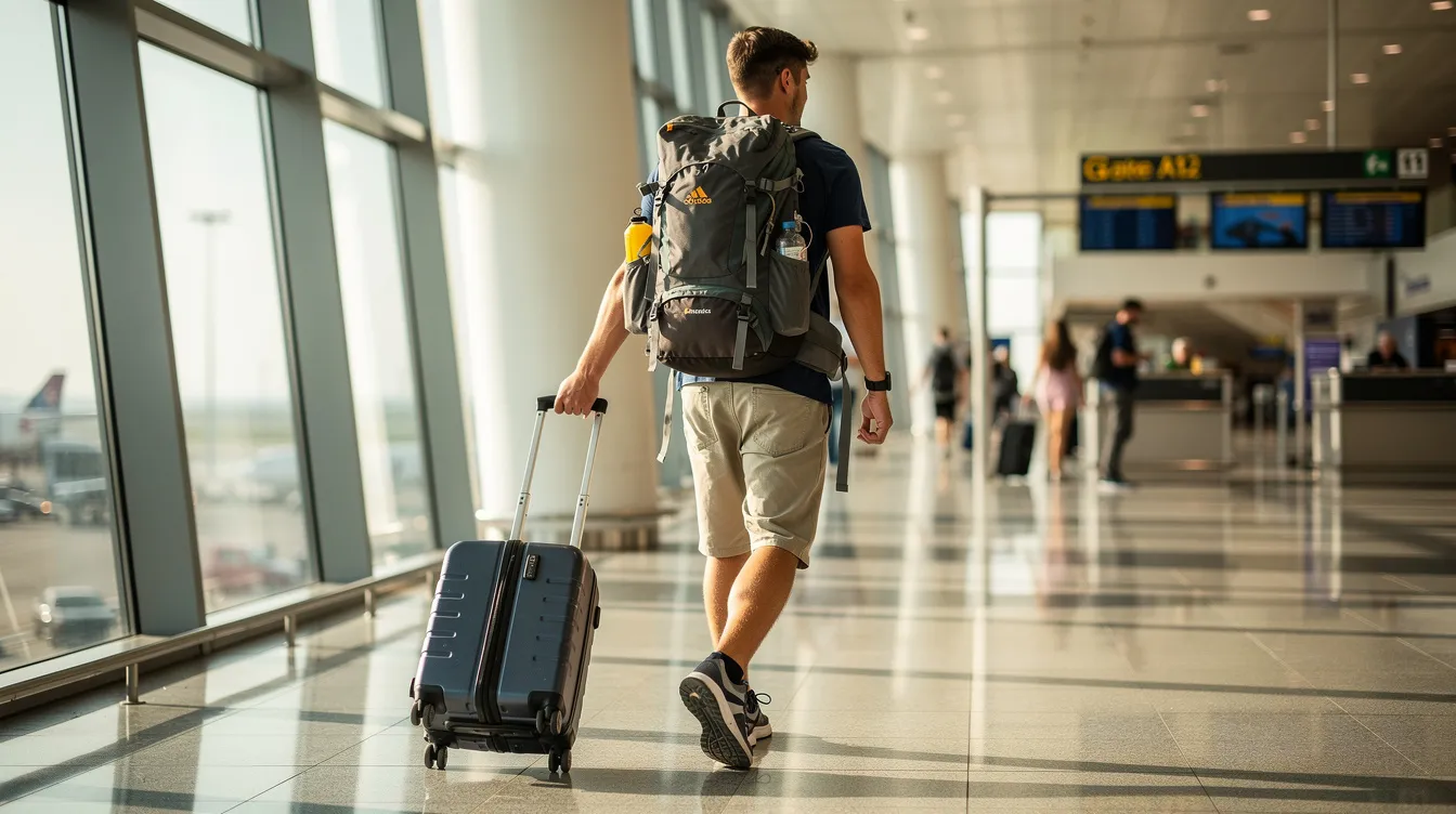 A young traveller with a backpack is walking through a bustling airport terminal, surrounded by various signs indicating flights and destinations. This scene captures the excitement of travel and the anticipation of unforgettable adventures, perfect for students looking to explore the world with great deals from British Airways.