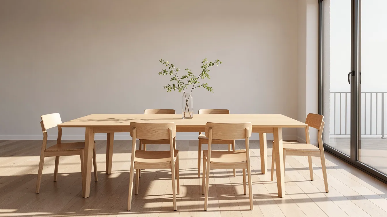 Een lichte eetkamer met een lange rechthoekige tafel en zes stoelen, verlicht door zonlicht dat door de grote ramen valt. De ruimte biedt voldoende loopruimte rondom de tafel, wat het gezellig maakt voor maaltijden met vrienden of familie.