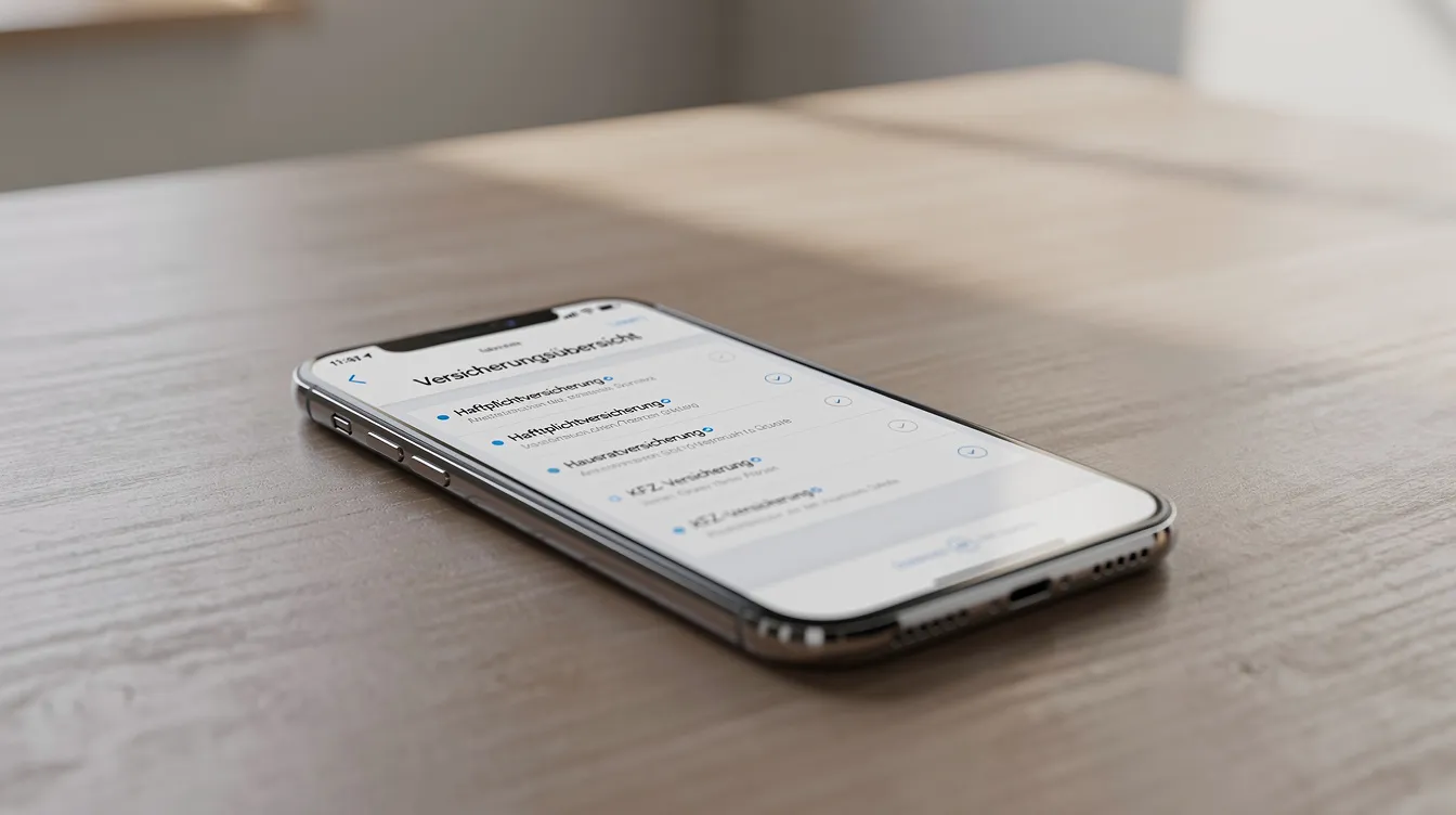 Ein Smartphone liegt auf einem Tisch und zeigt eine geöffnete Übersicht von Versicherungsinformationen an. Die Darstellung enthält wichtige Daten und Dokumente, die den Zugang zu verschiedenen Leistungen und Informationen über fonds finanz und deren Angebote erleichtern.