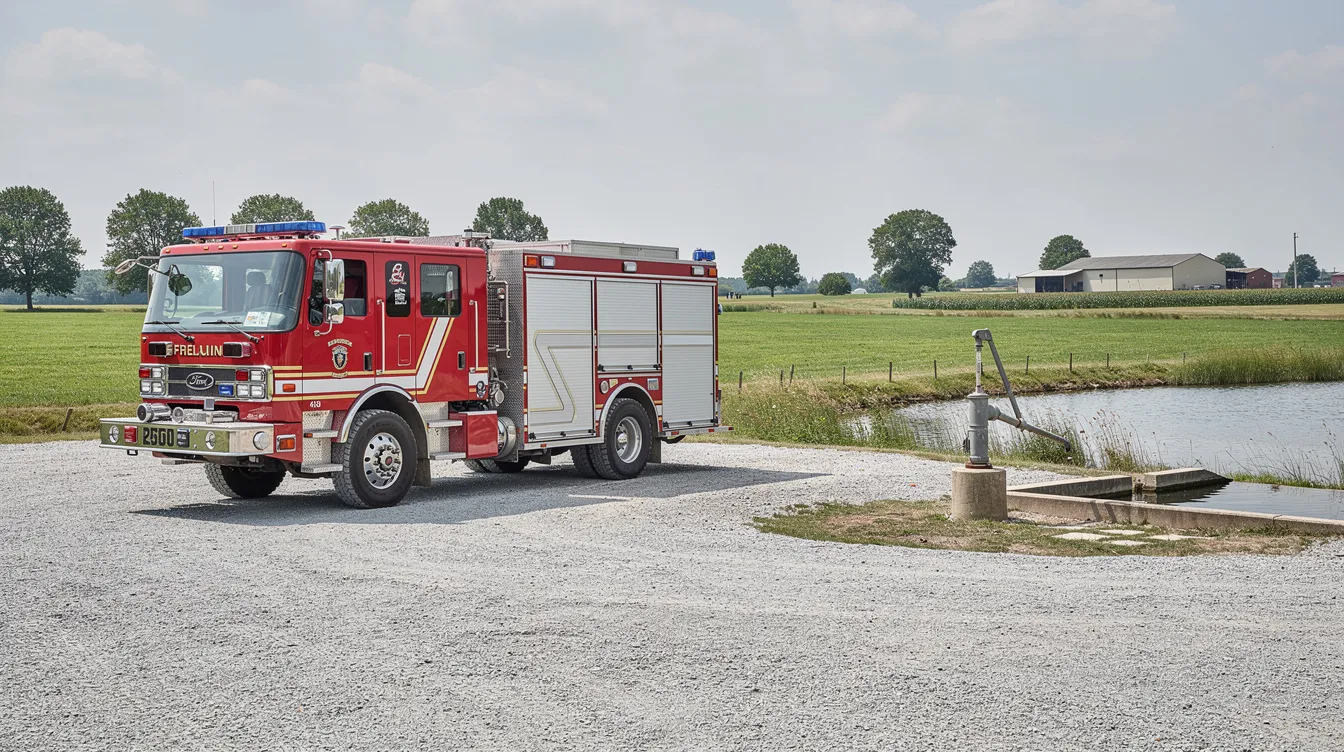 Un camion de pompiers rouge est stationné sur une aire de manœuvre en gravier, à proximité d'un point d'eau en milieu rural, prêt à intervenir en cas d'incendie. Ce dispositif est essentiel pour assurer la défense extérieure contre l'incendie et répondre aux besoins de sécurité des bâtiments et exploitations agricoles.