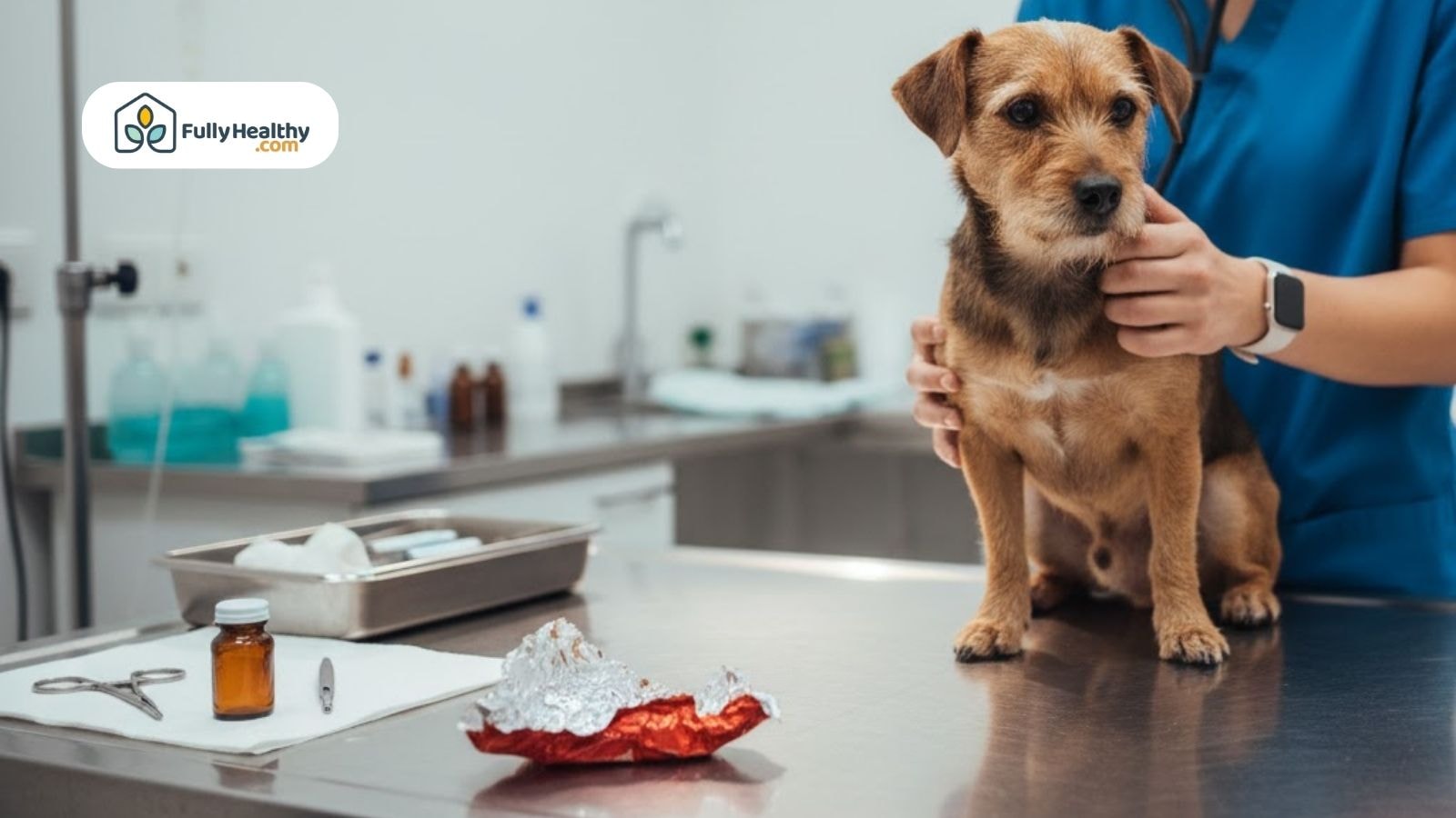 Small dog at vet clinic after eating chocolate with wrapper nearby