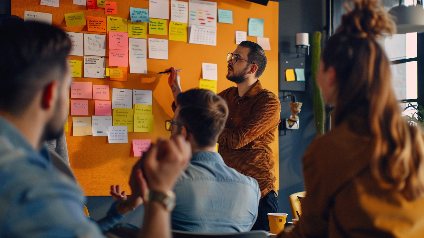 A dynamic agile engineering team in a collaborative sprint planning session, with a scrum master leading a discussion. The team members, representing diverse roles, are engaged in prioritizing tasks and adapting their software development process for the upcoming sprint, embodying the agile manifesto's emphasis on individuals and interactions over processes and tools