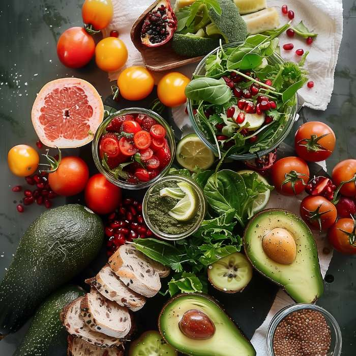 An array of nutrient-rich foods showcasing a balanced diet, including avocados, tomatoes, and greens, infused with A.Vogel Multiforce alkaline powder to support the body's acid buffering mechanism, with elements like potassium bicarbonate, magnesium hydrogenium phosphate, and potassium citrate, from The Good Stuff Health Shop.