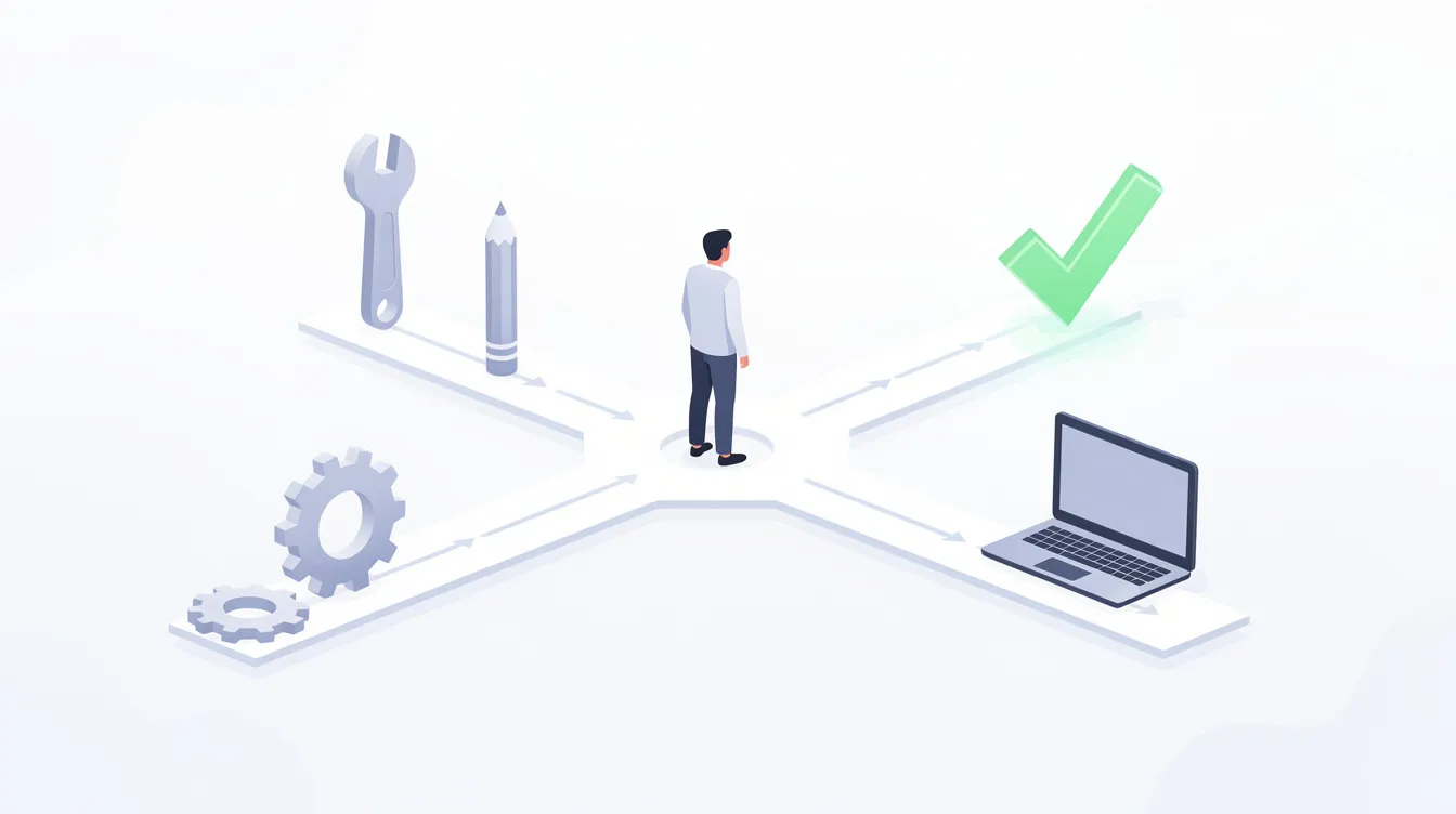 The image depicts a person standing at a crossroads, contemplating a choice between different tools, with a checkmark indicating the preferred path. This symbolizes the decision-making process essential for community builders in selecting the right platform for engaging their online community.