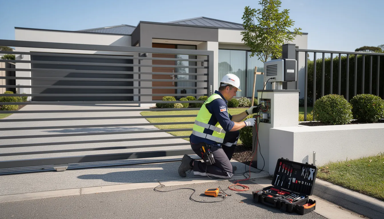 An automatic gate installation technician is working on a sliding gate motor in a residential driveway, ensuring the system is in full working order for optimal security and convenience. The technician is focused on the installation process, demonstrating quality workmanship and expertise in electric gates.
