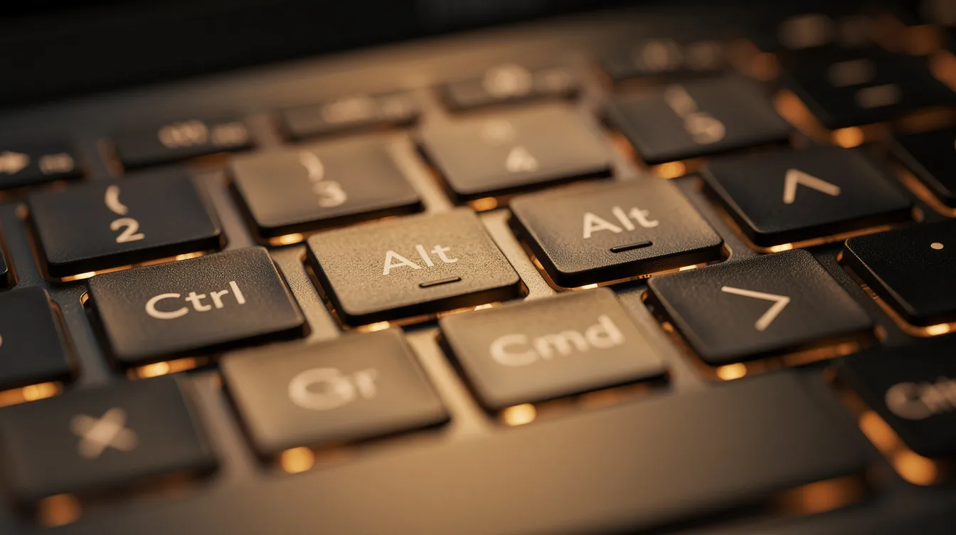 Eine Nahaufnahme einer Computertastatur zeigt die besonderen Tasten im warmen Licht, darunter das Copyright-Zeichen und andere Sonderzeichen. Die Tasten sind klar erkennbar und vermitteln ein Gefühl von Funktionalität und Design.