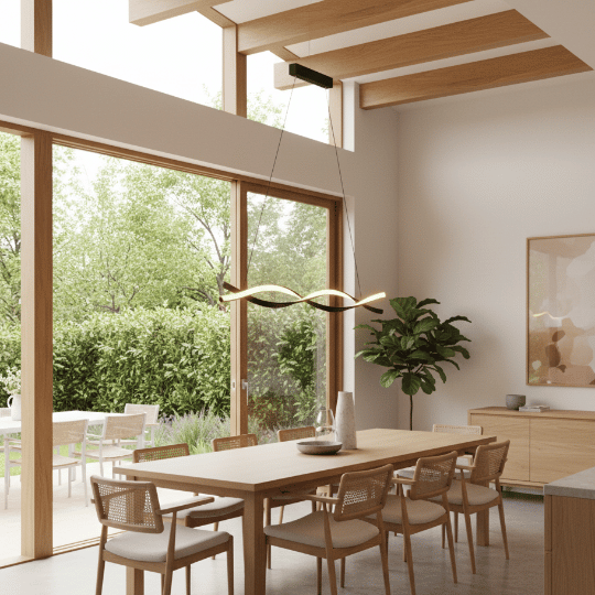 Sculptural wavy LED pendant light suspended by thin cables above a modern dining table, providing a sleek chandelier alternative.