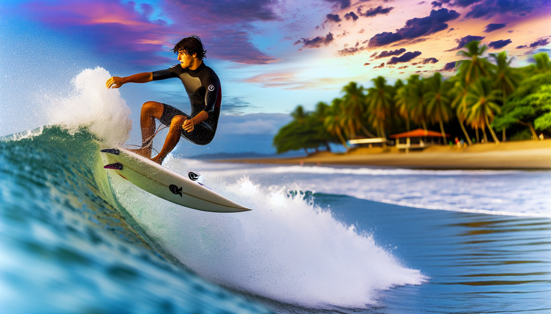 Surfer catching a wave on the vibrant Caribbean coast of Costa Rica