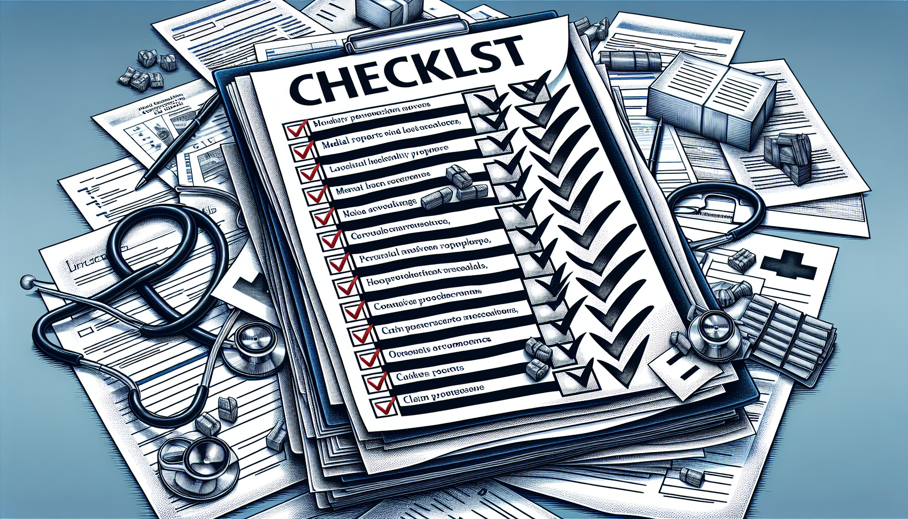 Illustration of a checklist with relevant documentation for workers' comp claim
