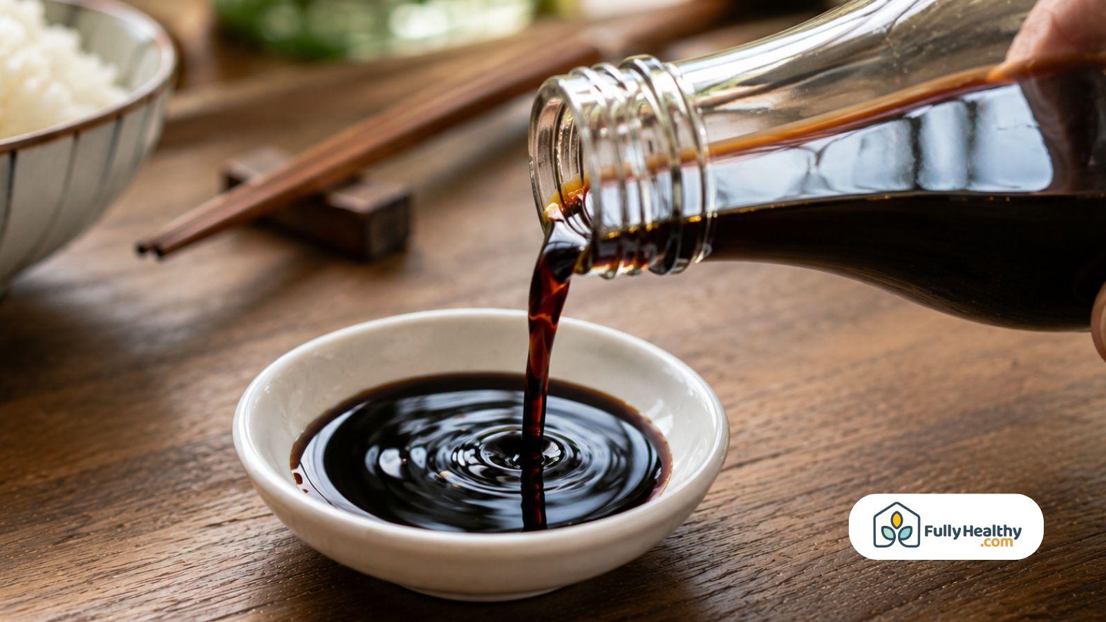 Soy sauce pouring from glass bottle into small dipping bowl.