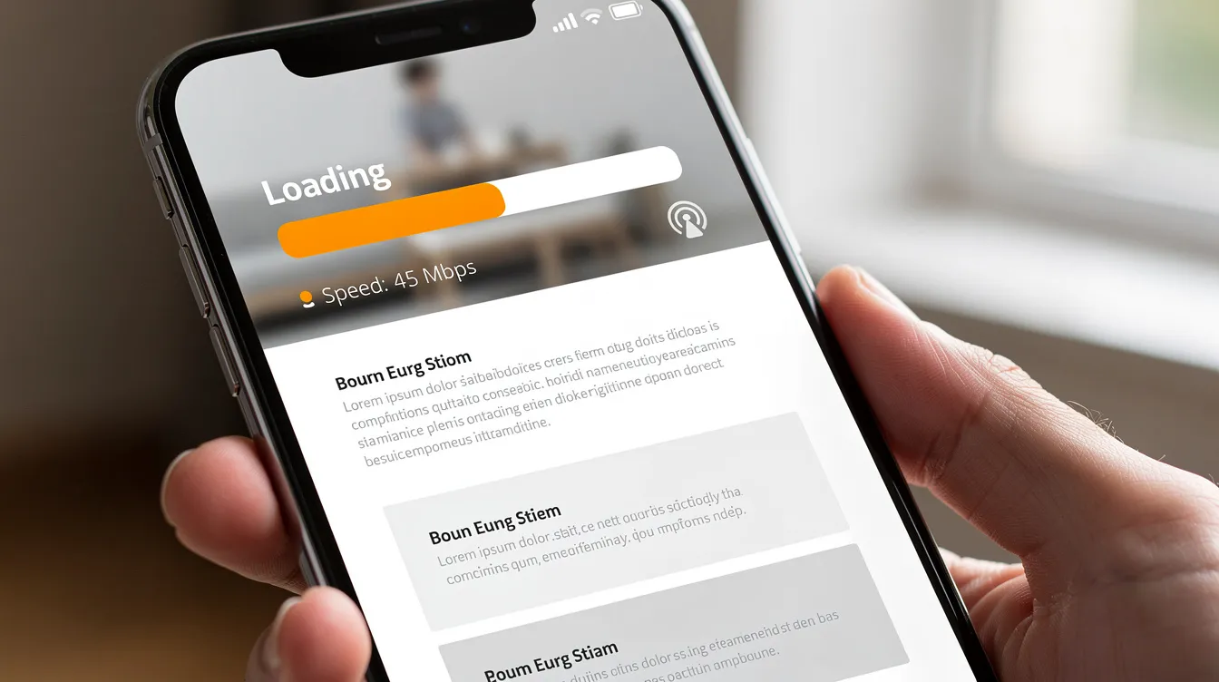 A mobile device displays a website loading screen alongside a speed indicator, highlighting the importance of optimizing web pages for faster loading times to improve search engine results. This visual emphasizes the need for website owners to adhere to known SEO best practices, ensuring their Squarespace site is mobile-friendly and efficient for potential customers.