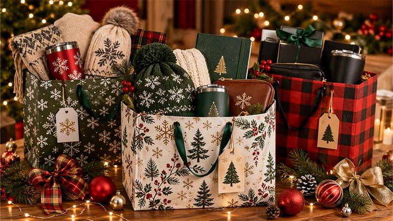Adult Christmas gift bag with useful branded items that feel practical, premium and suitable for mixed-group holiday gifting