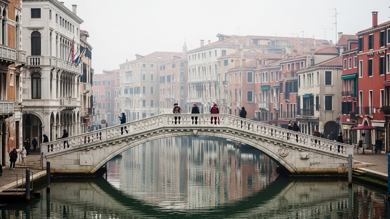 Venice Carnival unfolds naturally on a quiet bridge, with masked figures blending into the city.