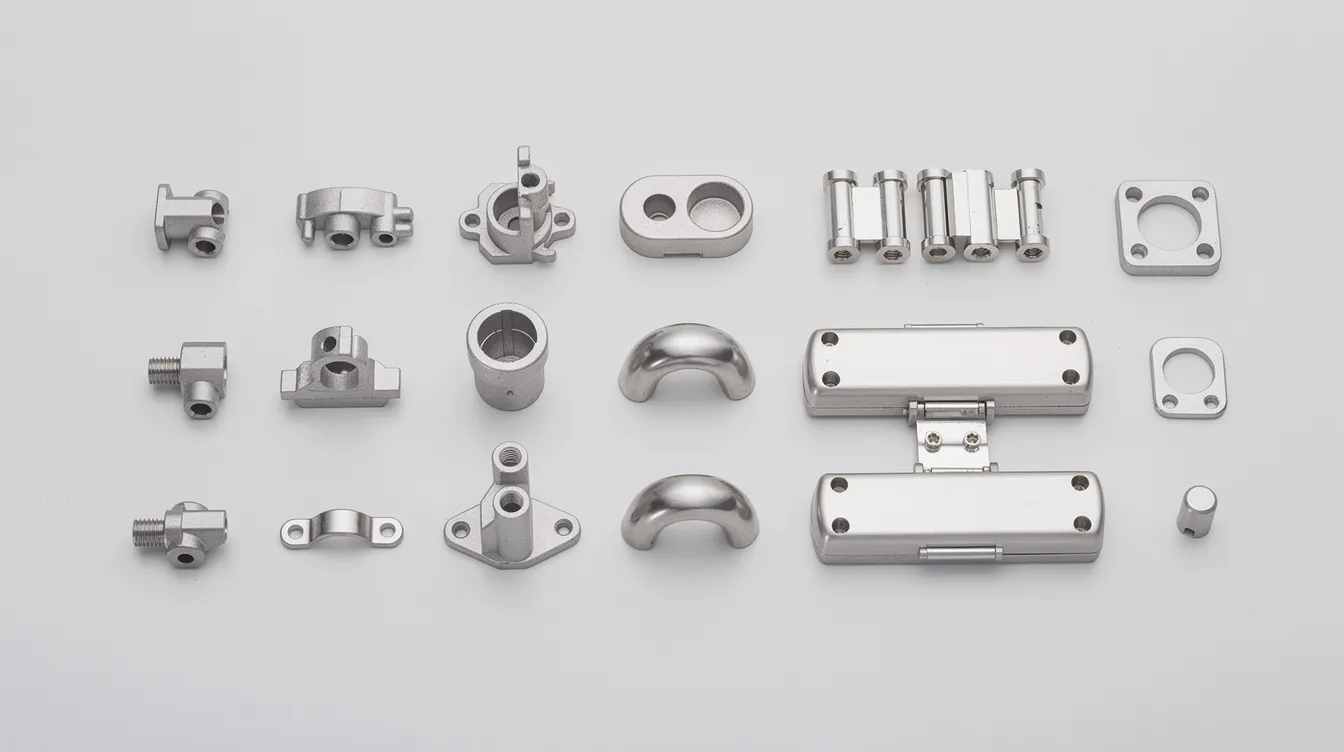 A collection of small precision zinc die cast components, including connectors, decorative hardware pieces, and miniature enclosures, is neatly arranged on a white surface, showcasing the intricate details and high-quality surface finishing typical of advanced die casting processes. These zinc die cast parts highlight the precision and versatility of die casting in various industrial applications.