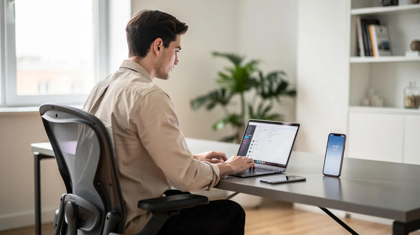 A young professional is seated at a stylish desk in a modern home office, focused on their laptop while a smartphone rests nearby. This setting suggests an environment conducive to managing international payments, such as those associated with a Payoneer account in Pakistan, allowing users to receive payments and handle multiple currencies efficiently.