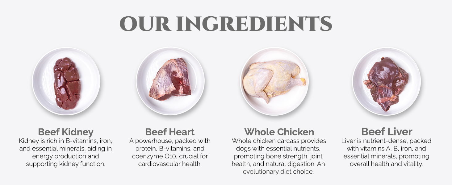 A plate with raw meaty bones, muscle meat, organ meats and supplements