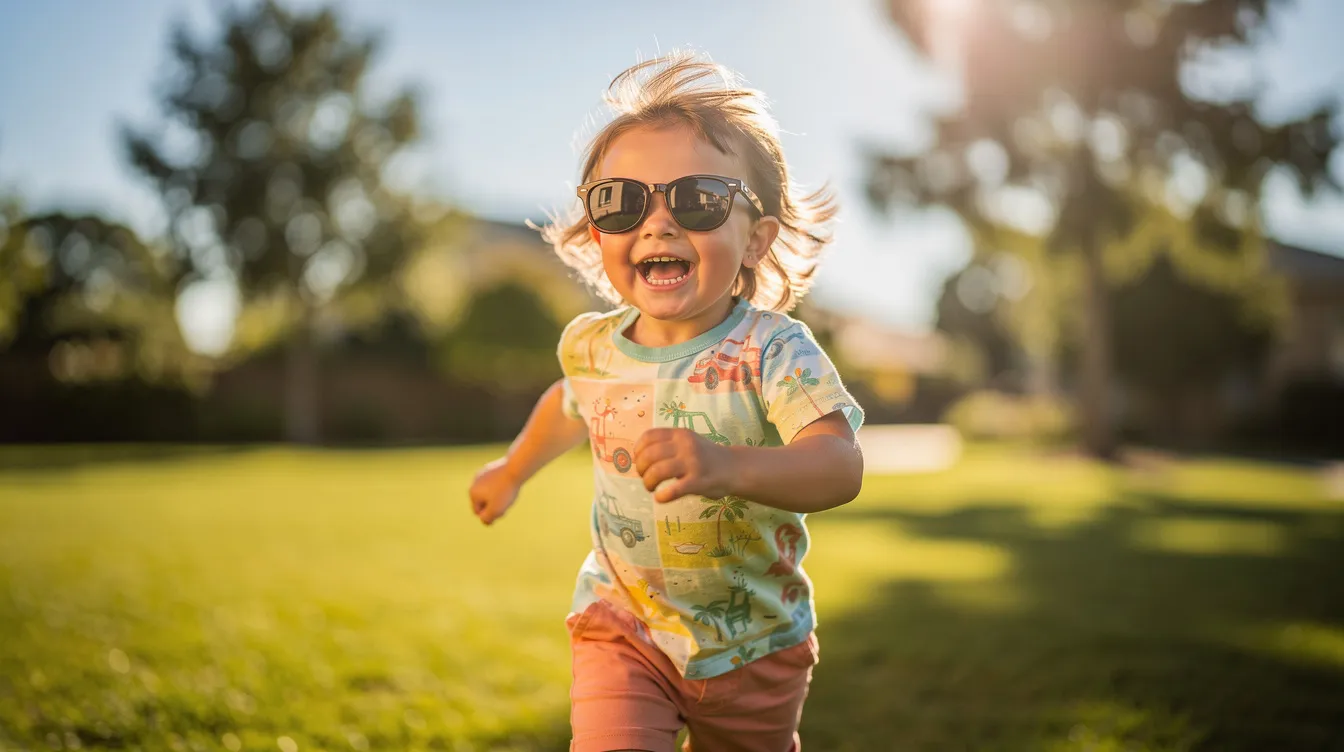 Een kind speelt vrolijk buiten in de zon met een zonnebril op, wat helpt om zijn ogen te beschermen tegen fel licht en mogelijke oogproblemen. Het kind geniet van het spelen, wat belangrijk is voor een goede ontwikkeling van het gezichtsvermogen op jonge leeftijd.