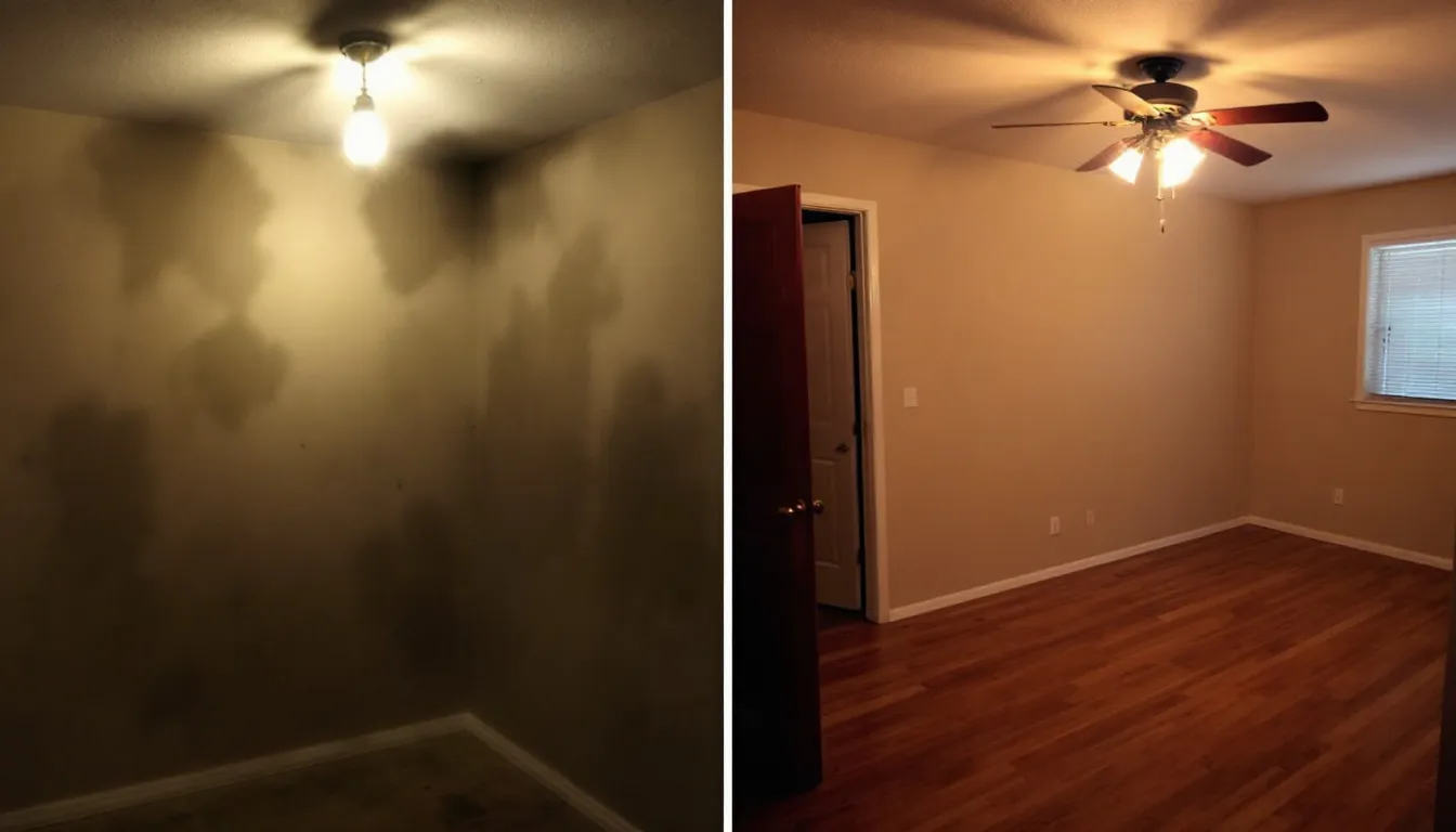 A imagem mostra uma sala fotografada em duas condições de iluminação: à esquerda, a iluminação inadequada resulta em um ambiente escuro e pouco atrativo, enquanto à direita, a iluminação correta destaca os detalhes e a arquitetura do imóvel, evidenciando a qualidade das fotografias imobiliárias.
