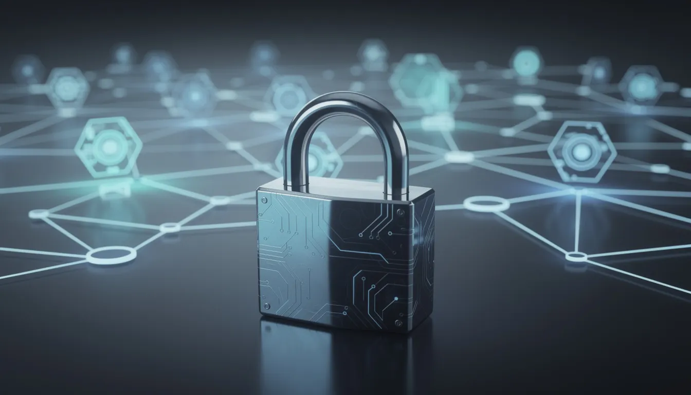 The image features a digital padlock symbolizing security, surrounded by interconnected nodes that represent blockchain technology. This visual emphasizes the importance of safety in the online gambling industry, particularly in crypto casinos where players can enjoy games with generous bonuses and free spins.