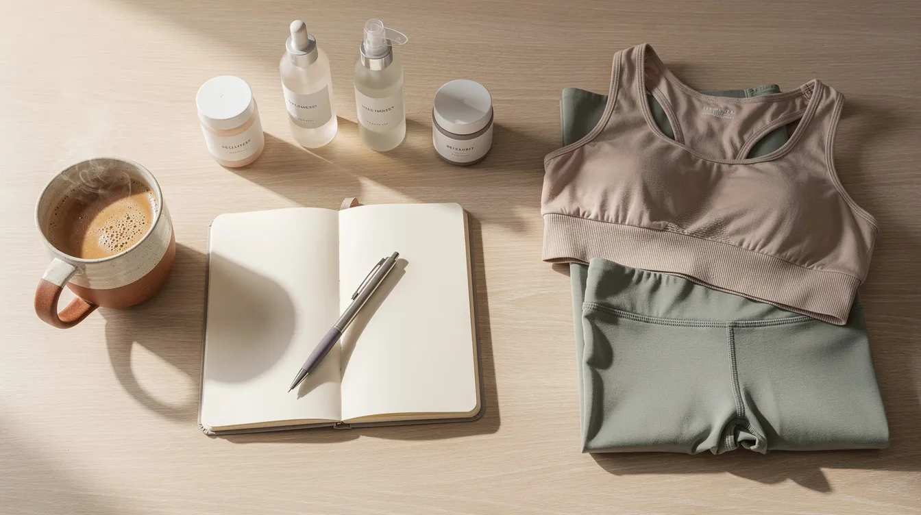 The image depicts a serene morning scene featuring workout clothes, a journal, a steaming cup of coffee, and skincare products neatly arranged on a clean table, embodying the essence of self-care and personal growth that many high value women prioritize in their daily routines. This setting reflects a commitment to mental well-being and self-improvement, essential traits for cultivating a fulfilling life and healthy relationships.