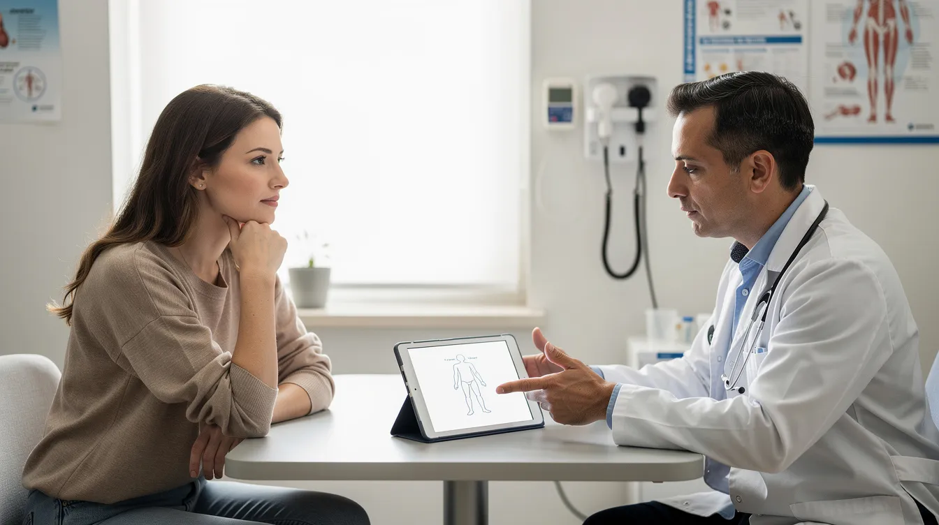 A doctor is seated at a desk in a clinical consultation room, discussing various treatment options with a patient. The conversation may include topics such as turkey tail mushroom benefits, which are known for their immune-boosting properties and potential support in cancer treatment.