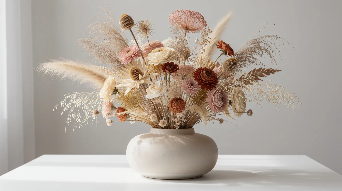 Een ronde keramieken vaas gevuld met verschillende droogbloemen in warme kleuren, zoals lavendel en hortensia's, staat op een witte tafel. De bloemen zijn op verschillende hoogtes gestyled, wat een creatieve manier van decoratie biedt voor elk interieur.
