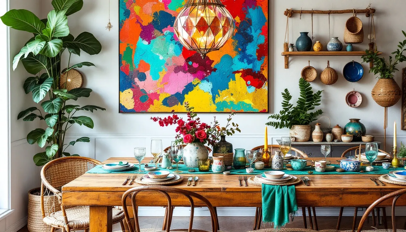 Functional decor featuring local art on a beautifully set dining table.
