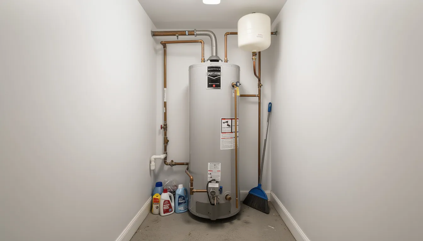 The image depicts a water heater installed in a residential utility closet, showcasing a common household appliance that can be prone to issues like burst pipes or small leaks. Proper installation and maintenance are crucial to prevent water damage, mold growth, and the need for extensive appliance leak cleanup.