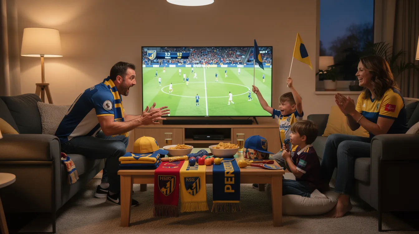 Eine Familie sitzt auf dem Sofa im Wohnzimmer und schaut auf einen großen Fernseher, auf dem ein spannendes Fußballspiel live übertragen wird. Auf dem Tisch liegen Fanartikel und die Atmosphäre ist aufgeregt, während die Zuschauer das Spiel verfolgen.