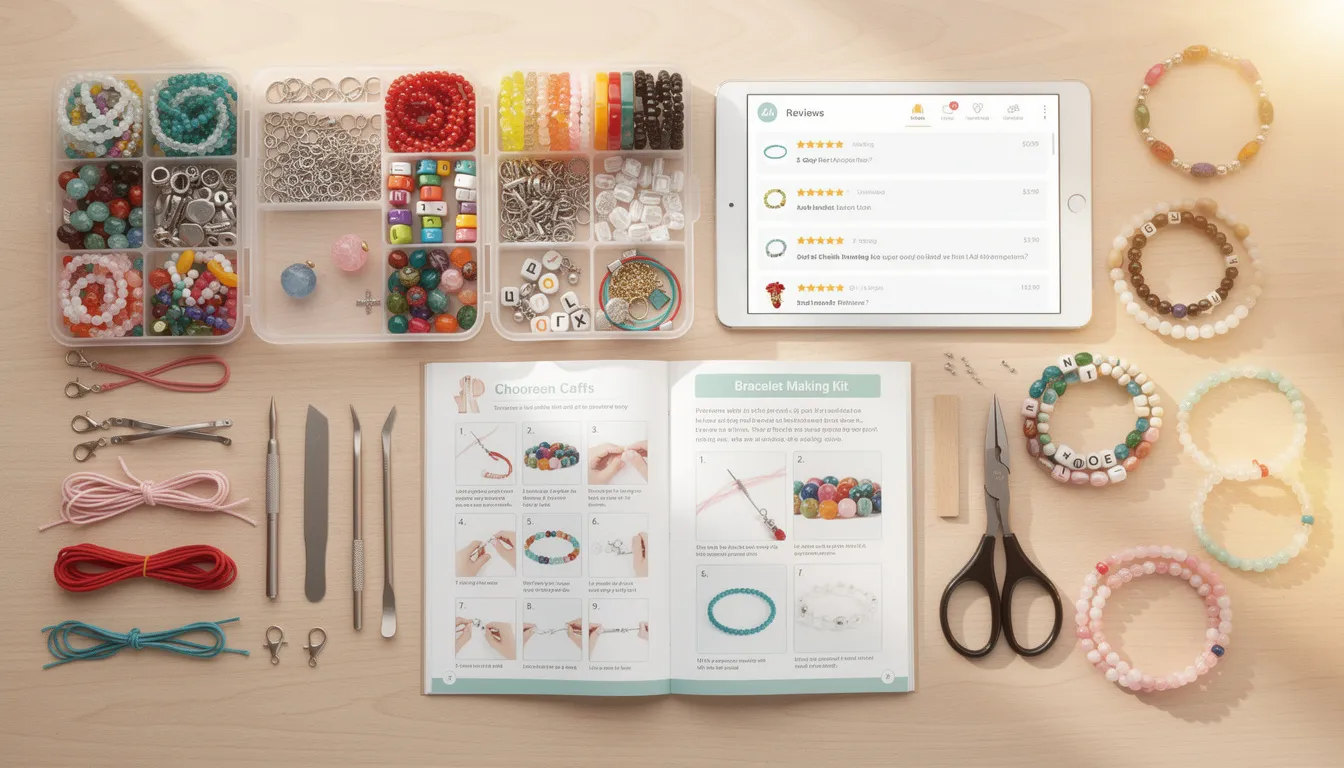 The image showcases a colorful bracelet making kit that includes an assortment of beads, charms, and clasps, perfect for creating unique jewellery pieces. It features clear instructions, making it ideal for users of all skill levels, from beginners to experienced crafters, and is a wonderful way to express creativity and style.