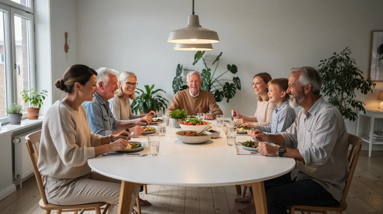 En familj sitter runt ett stort ovalt matbord i ett ljust rum, där de njuter av en gemensam middag. Bordet, som är av trä, skapar en varm och social atmosfär, perfekt för att samla nära och kära.