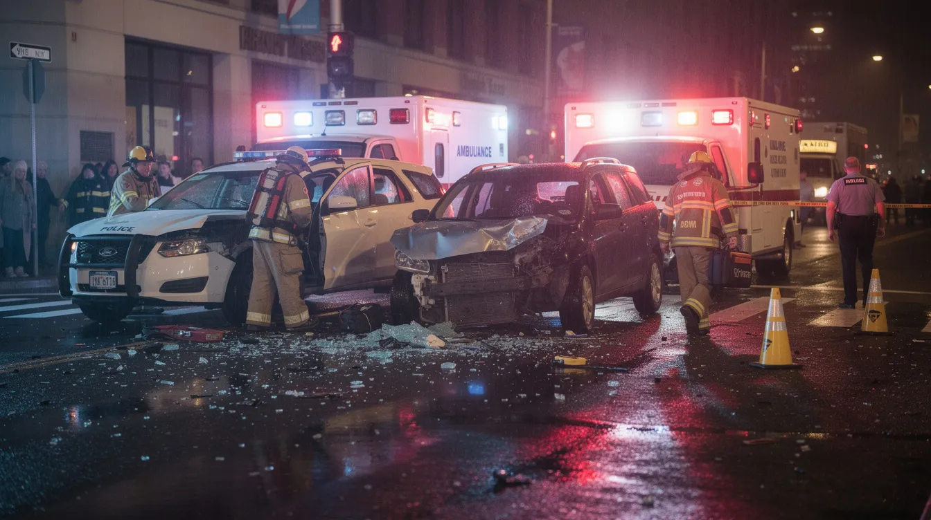 A chaotic car accident scene featuring damaged vehicles and emergency responders, illustrating the complexities of comparative negligence laws where fault is assigned to at-fault drivers and emphasizing the importance of gathering evidence for personal injury claims in New Mexico.