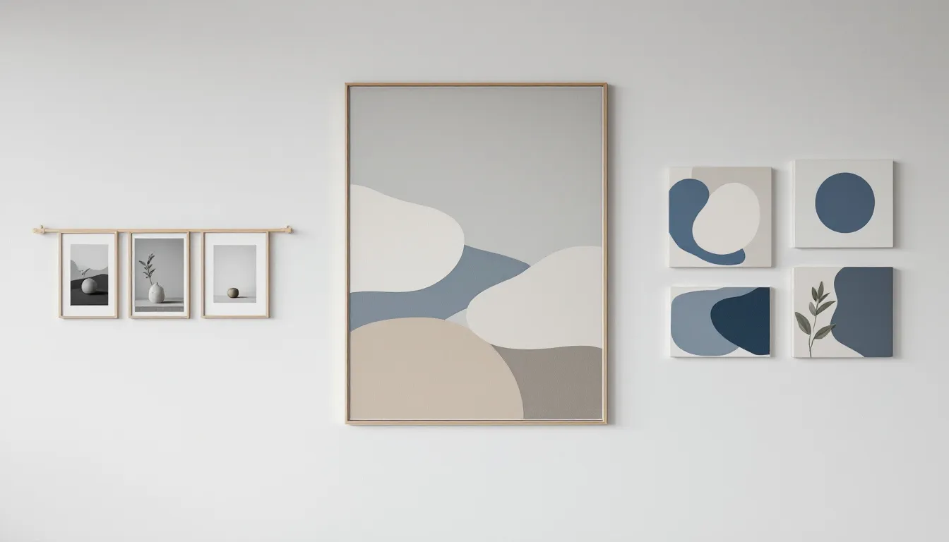 Curated minimalist art collections displayed on a wall.
