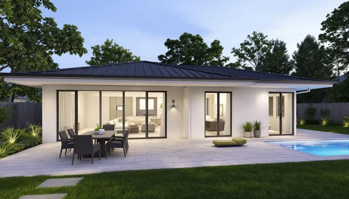 The image depicts a modern single-family home in San Carlos Park, showcasing a private pool and a spacious pavered lanai space, perfect for outdoor living and entertaining year-round. This beautifully planned living area features expansive windows that bring in natural light, making it an inviting space in the desirable San Carlos Park neighborhood of Fort Myers, FL.