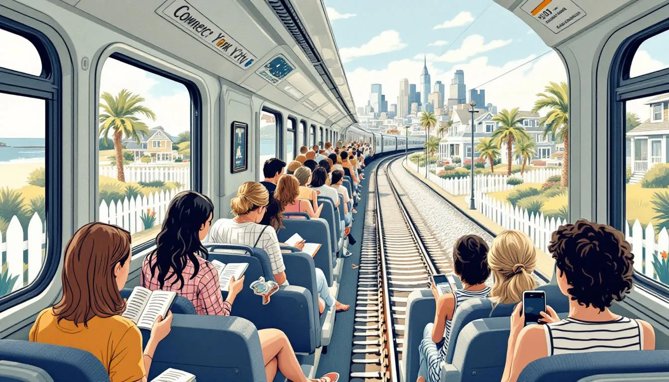 A busy commuter train heading from Connecticut to NYC, highlighting commuting options for residents in shoreline towns.