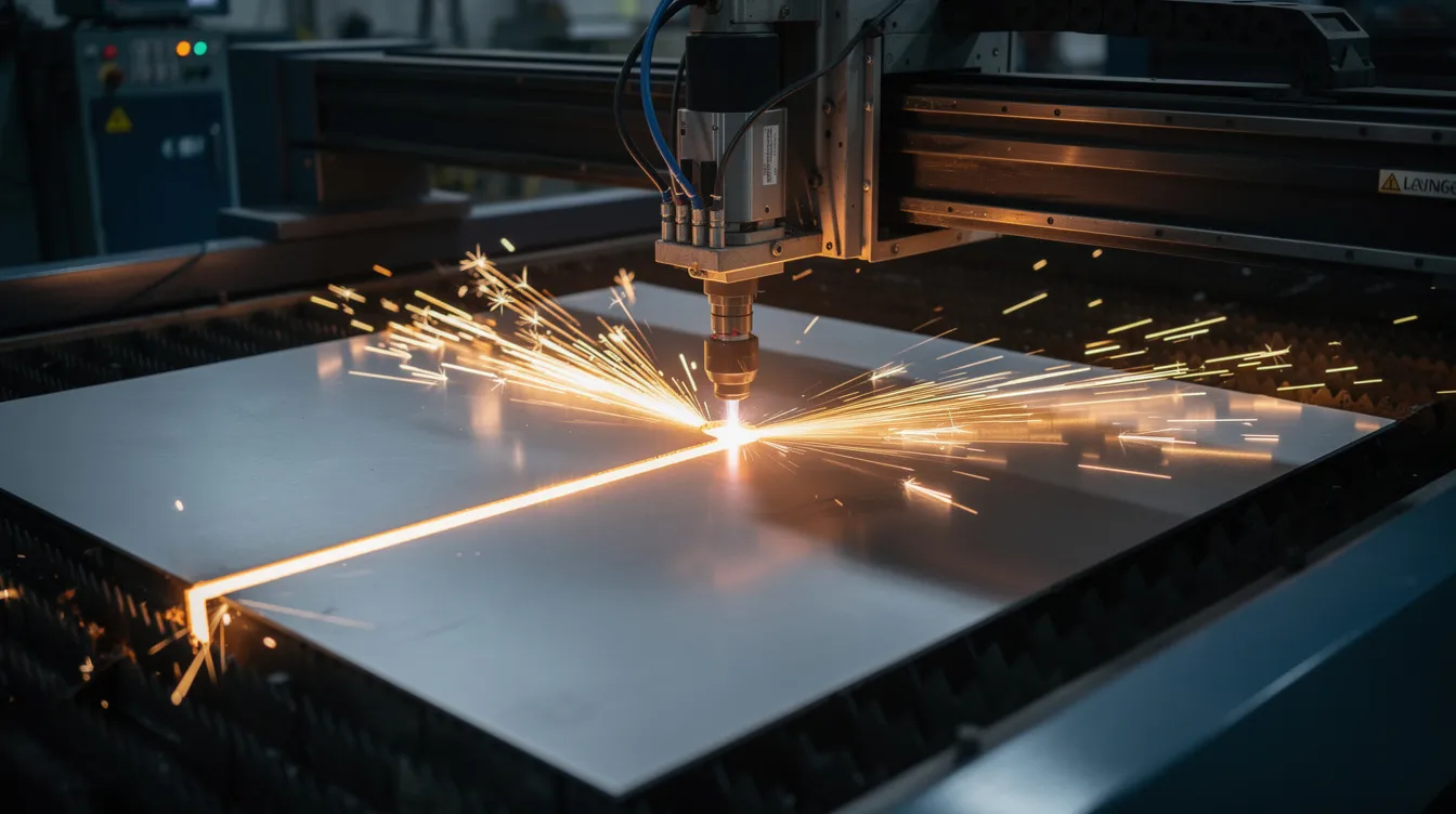 An industrial fiber laser cutting machine is processing a flat sheet metal blank, surrounded by sparks flying as it cuts through the material with precision. This image highlights the advanced technology used in the sheet metal fabrication process, showcasing the efficiency and accuracy essential for high-quality products in commercial projects.