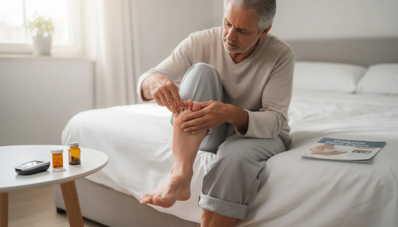 A person is carefully examining their feet, symbolizing the importance of diabetic foot care to prevent complications such as diabetic neuropathy and nerve damage. This image highlights the need for awareness and management of neuropathic pain, which can significantly affect quality of life for those with diabetes.
